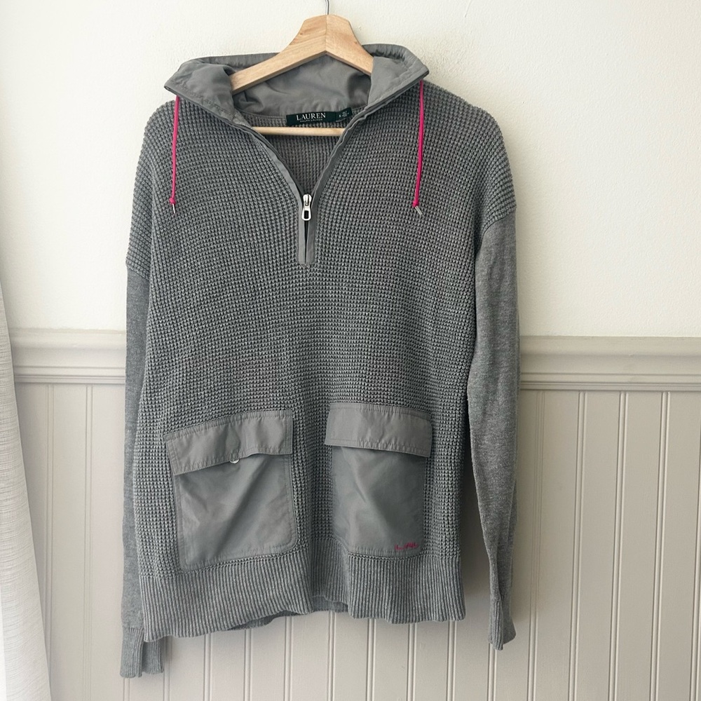 Lauren Ralph Lauren Small Gray V-Neck Quarter Zip Waffle Knit Pullover Sweater